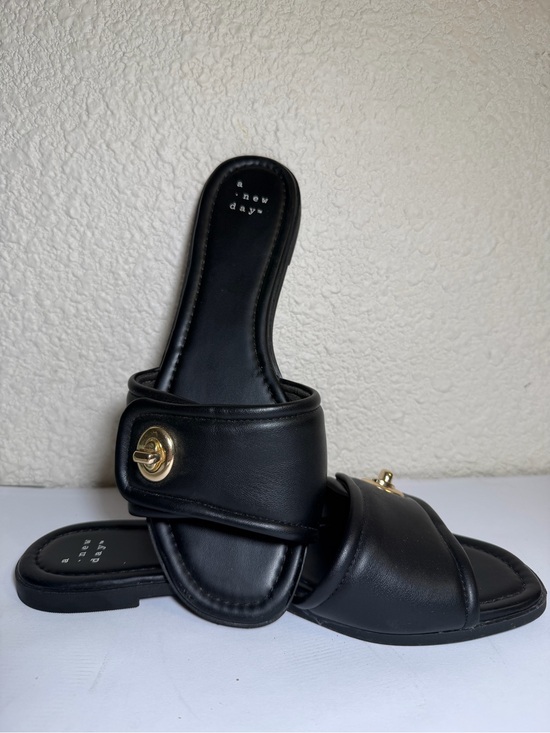 a new day Shoes - a new day Black Slide Sandals with Gold Accent Hardware